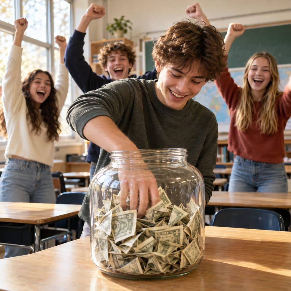 A student reaches into a jar of dollar bills while classmates cheer
