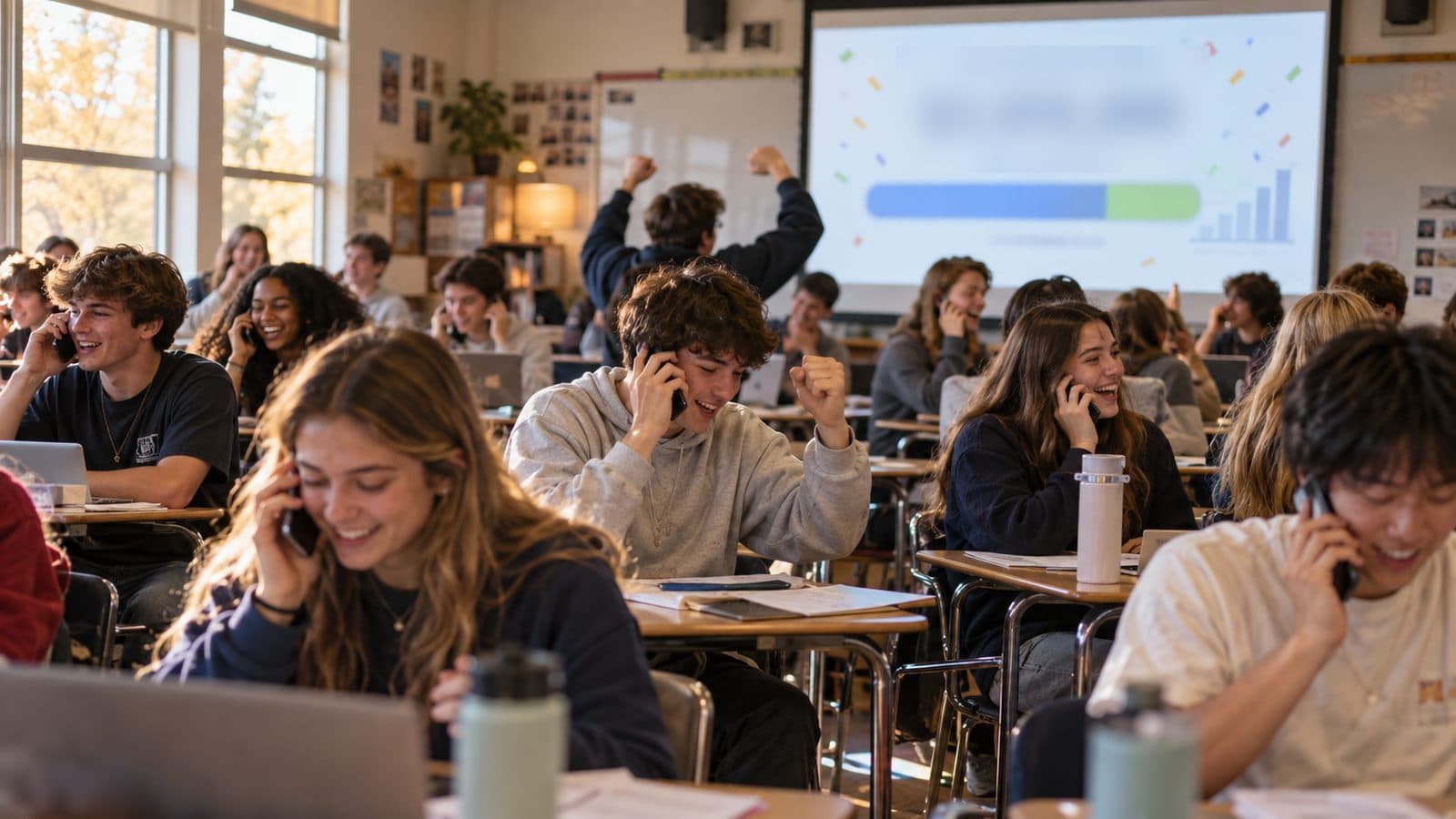 Students in a classroom on their phones during a fundraising kickoff