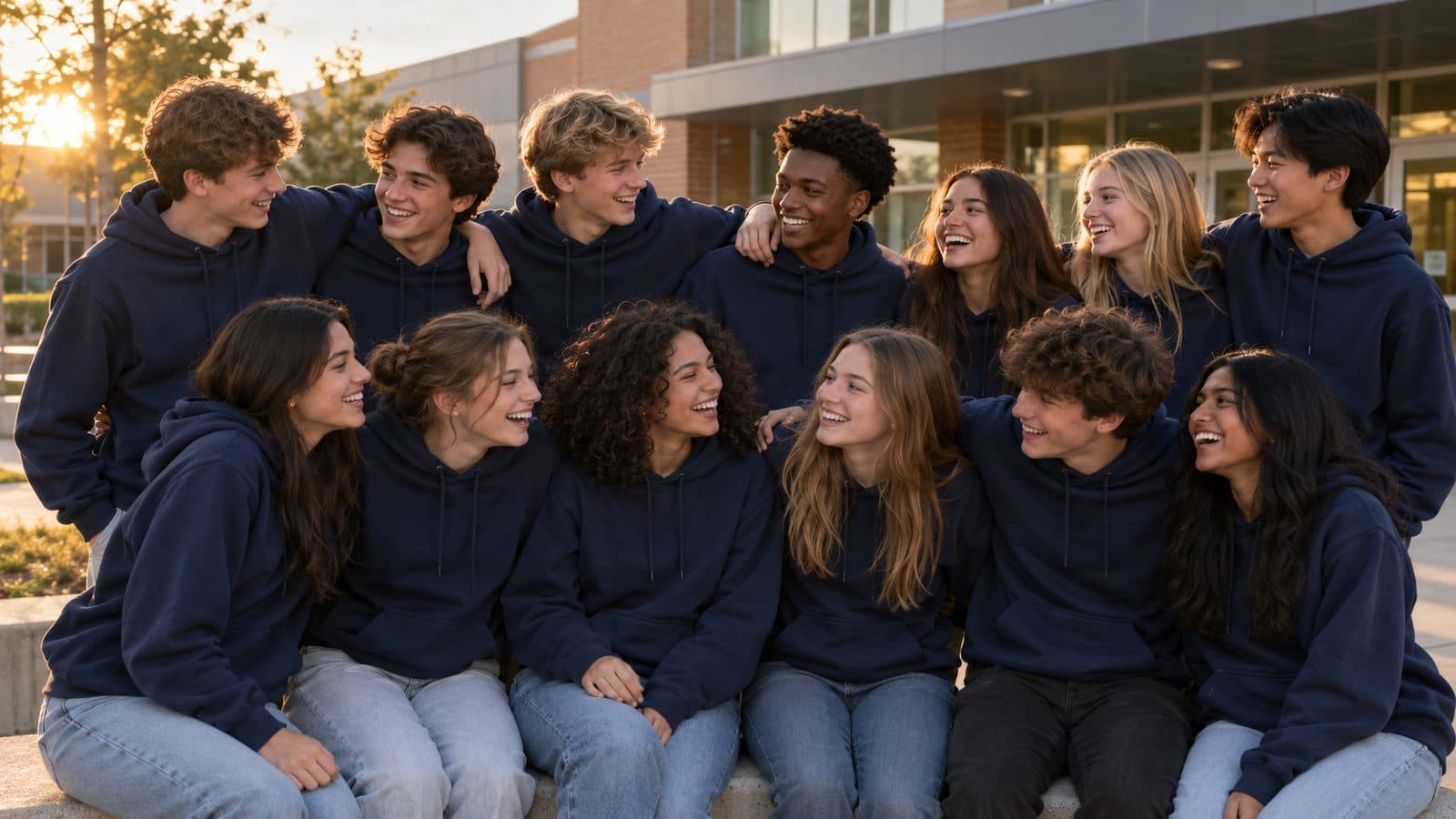 A team of students in matching hoodies outside their school